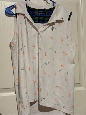 Titos Sleeveless Polo Tank Top - White with Orange & Light Blue Accents